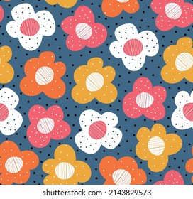 Patrón floral de exploración sin inconvenientes. Los florales brillantes de estilo plano se repiten con fondo de punto oscuro. estampado de flores de doodle para tela, decoración doméstica, niños - ropa.