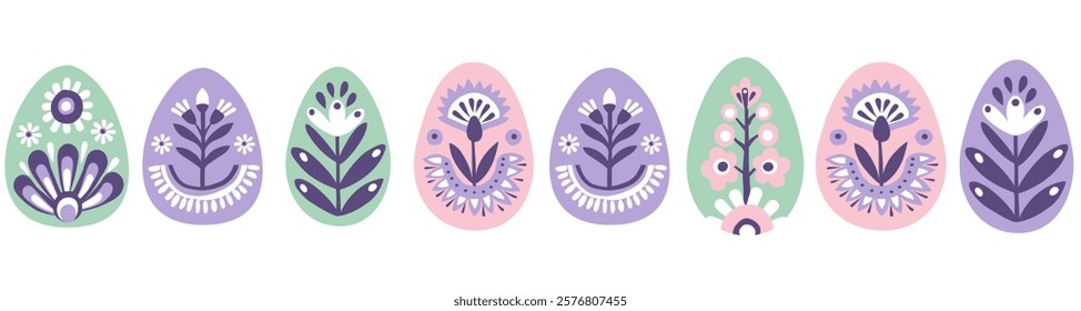 Seamless Scandinavian Easter Border frame Pattern with Decorated Eggs and Flowers. Pastel Folk Art Spring Scandinavian Design with Floral Motifs and Eggs. Hand drawn flat style vector illustration.