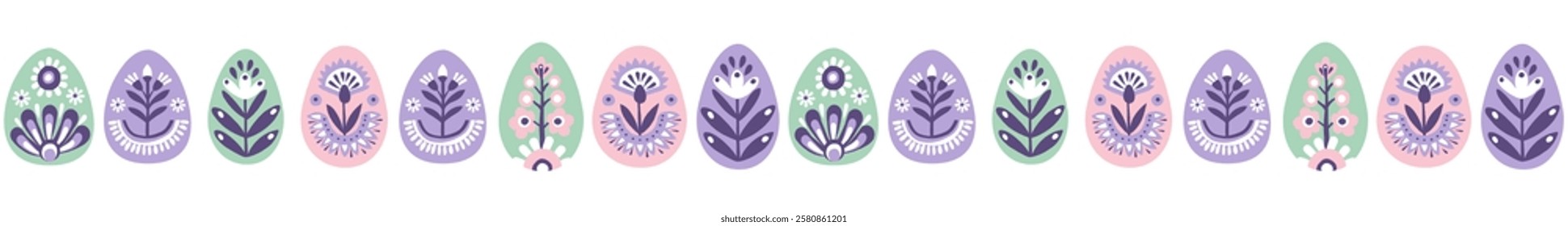 Seamless Scandinavian Easter Border frame Pattern with Decorated Eggs and Flowers. Pastel Folk Art Spring Scandinavian Design with Floral Motifs and Eggs. Hand drawn flat style vector illustration.