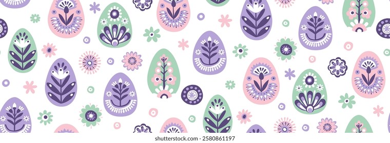 Seamless Scandinavian Easter Pattern with Decorated Eggs and Flowers. Pastel Folk Art Spring Scandinavian Design with Floral Motifs and Eggs. Hand drawn flat style vector illustration.