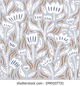 Seamless scandinavian floral pattern. Creative hight detailed flower texture with florals, berries,  leaves. Great for fabric, textile vector illustration.