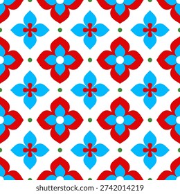 Seamless Scandinavian Floral Tile Pattern in Red and Blue on White