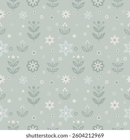 A seamless Scandinavian floral vector illustration in pastel green tones. Features stylized flowers, leaves, and circles in a flat minimalistic style. Perfect for wallpapers, textiles, and stationery.