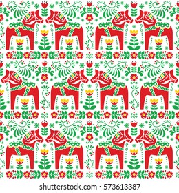  Seamless Scandinavian folk art pattern, Swedish Dala or Daleclarian horse floral design