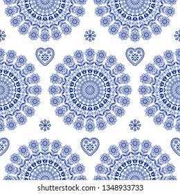 Seamless Scandinavian folk art vector mandala with flowers, floral repetitve ornament, Nordic design with flowers. 

Retro navy blue textile background inspired by Swedish and Norwegian art