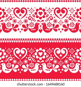 Seamless Scandinavian folk art vector pattern with birds, hearts and flowers in red and white .Cute repetitive floral ornaments collection, retro Nordic embroidery style
