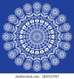 Seamless Scandinavian folk art vector mandala with flowers, floral repetitve ornament, Nordic design with flowers in white on navy blue
