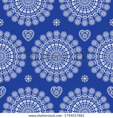 Seamless Scandinavian folk art vector mandala with flowers, floral repetitve ornament, Nordic design in white on navy blue. Retro cute textile background inspired by Swedish and Norwegian art
