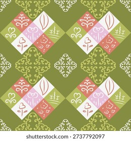 Seamless Scandinavian folk floral pattern featuring geometric diamond tile layout with hand-drawn botanical elements. Soft olive green background combined with dusty pink, sage, and cream tones creates a cozy Nordic decorative style. Perfect for fabric, wallpaper, home decor, wrapping paper, and textile surface design.