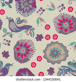 Seamless scandinavian folk pattern, flowers and birds. Trend textile print. For women's wear, interior decor.
