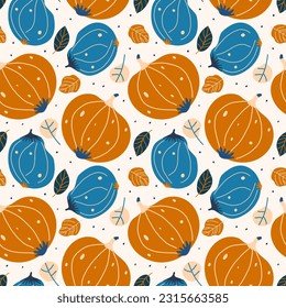 
Calabaza de estilo folclórico escandinavo y patrón vegetal sin inconvenientes. patrón vectorial de calabazas rústicas azules y anaranjadas y plantas dibujadas en formas simples para la impresión de embalajes de caída o para textiles.