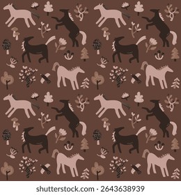 Seamless Scandinavian forest vector pattern with hand-drawn horses and trees – beige, brown and coffee color palette. This minimalist and cozy design is perfect for nursery prints, wallpaper, textile