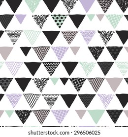Seamless scandinavian geometric tribal triangle hand drawn geo pastel isolated background pattern in vector