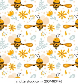 Seamless scandinavian kid pattern of cute bee with honey spoon, flower and hexagon in flat vector baby style. illustation for banner background.