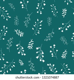 Seamless Scandinavian leaf and flowers pattern vector. Green background - Illustration
