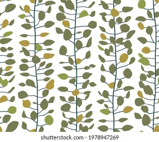 seamless scandinavian leaf pattern with branches. Seamless retro leaves pattern on white background.