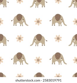 Seamless Scandinavian pattern with beige elephants and flowers on a white background