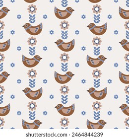 Seamless scandinavian pattern with birds and flowers. Vector