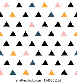 Seamless Scandinavian pattern. Black, pink, blue, gold hand-drawn triangles on a white background. Neutral cozy ornament. Vector illustrations with geometric shapes for wallpaper, posters, wrapping pa