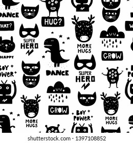 Seamless Scandinavian pattern in black and white colors for nursery surface design or print in fabric. Cool vector background with dinosaur, monster, cat and robot.