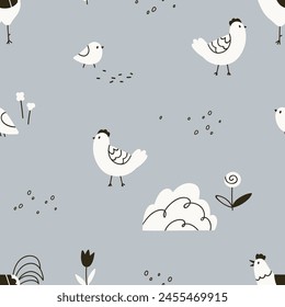 Seamless Scandinavian pattern with chickens. Hens, chicks and roosters, repeating print in a Scandi doodle kids style. Rural farm birds, endless country background. Flat graphic vector illustration