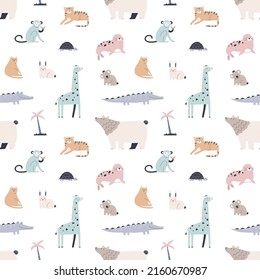 Seamless Scandinavian pattern. Childish background with cute animals repeating print. Scandi-styled endless texture design with baby characters. Kids flat vector illustration for textile, decoration