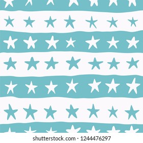 Seamless scandinavian pattern in children`s style. Cute childish cartoony texture. Hand-drawing of stars of pastel shades. Decorative background. Vector illustration.