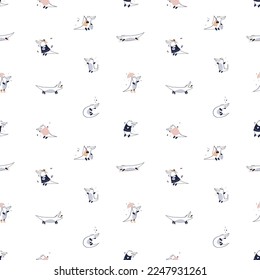 Seamless Scandinavian pattern with cute animal, crocodile character. Childish background, texture design. Baby gator repeating print in Scandi style. Childrens flat vector illustration for textile