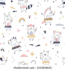 Seamless Scandinavian pattern with cute animals. Endless background with childish repeating print with baby characters. Scandi nursery texture. Flat vector illustration for kids textile, fabric