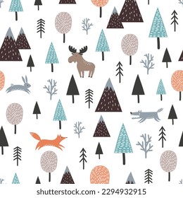 Seamless Scandinavian pattern with cute animals and trees. Vector forest background