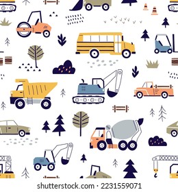 Seamless Scandinavian pattern with cute cars, construction transport, buses, tractors. Childish toy vehicles, repeating print. Endless background design in nordic style. Kids flat vector illustration