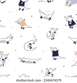 Seamless Scandinavian pattern, cute crocodile animals. Childish background, repeating print, funny baby characters in Scandi style. Printable flat vector illustration for wrapping, wallpaper, textile