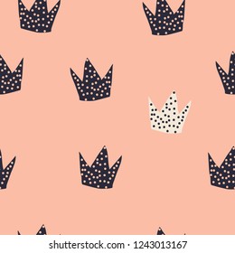 Seamless scandinavian pattern with cute crowns for girls. Lovely doodle pattern for kids. Vector illustration. Pattern template for fabric, wrapping, textil.