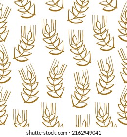 Seamless scandinavian pattern with cute doodle outline ear of wheat. Gold and white outline background. Modern design concept for textile print, for packaging bakery products and souvenir package.