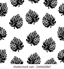 Seamless scandinavian pattern with cute doodle outline exotic leaves. Hand drawn black and white background with nature clover. Vector illustration.