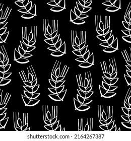 Seamless scandinavian pattern with cute doodle outline ear of wheat. Black and white outline background. Scandinavian design concept for textile print, for packaging bakery products and souvenir.