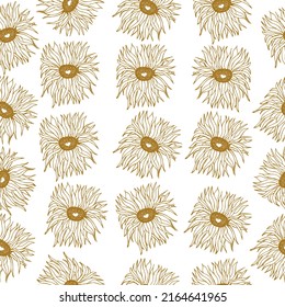 Patrón escandinavo sin foco con lindos doodles de flores doradas. Fondo del esquema dorado y blanco. Concepto de diseño escandinavo para la impresión textil de moda. Ilustración vectorial.