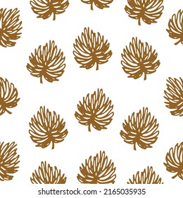 Seamless scandinavian pattern with cute doodle gold outline exotic leaves. Hand drawn golden and white background with nature clover. Vector illustration for graphic print, textile and home decor.