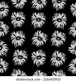 Patrón escandinavo sin foco con lindas flores dibujadas a mano de doodle. Fondo del contorno en blanco y negro. Concepto de diseño escandinavo para la impresión textil de moda. Ilustración vectorial.