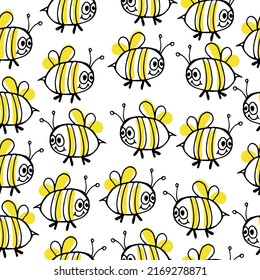 Seamless scandinavian pattern with cute doodle outline hand drawn bee. Modern design concept for textile print, souvenir package, fabric, wrapping and wallpaper. Vector illustration.