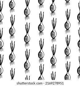 Nahtlose skandinavische Muster mit süßer Doodle-Umriss-Tulpenpflanze. Schwarz-Weiß-Umriss-Gartendesign-Hintergrund. Skandinavisches Design für den Stoffdruck, Souvenirverpackung, Verpackung.