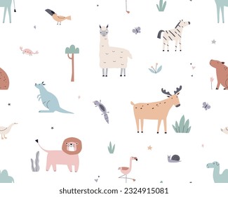 Seamless Scandinavian pattern, cute funny animals. Endless kids background, texture design with llama, kangaroo, lion, flamingo. Repeating print for childish fabric. Colored flat vector illustration