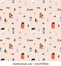 Seamless Scandinavian pattern with cute small houses, trees. Endless background design with sweet little homes repeating print. Scandi Nordic styled town texture. Colored flat vector illustration