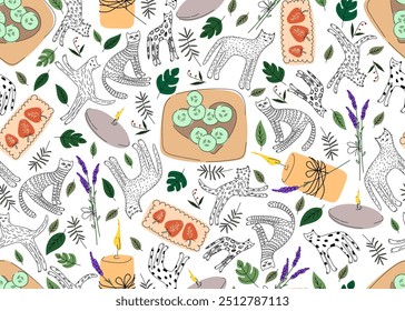 Seamless Scandinavian pattern with drawn cats, candles and spa elements. Vector illustration to create a background for content in the hygge style.