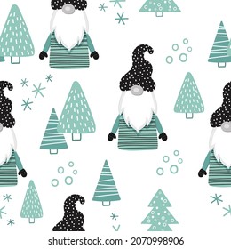 Seamless scandinavian pattern. Scandinavian dwarf. Christmas. gnomes and trees seamless pattern for greeting packing. 