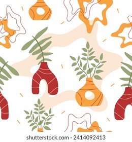 Seamless Scandinavian pattern with elegant plants in vases and abstract figures on isolated background. For home textiles, wallpaper, packaging paper.