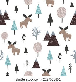 Seamless Scandinavian pattern with elks and trees. Vector wood illustration with moose.