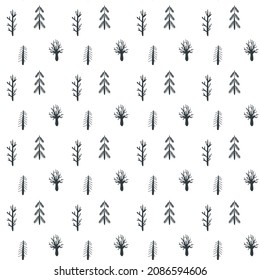 Seamless Scandinavian pattern with hand-drawn firs and trees. Vectral pattern for baby textiles, gift paper, nursery decor.