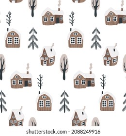 Seamless Scandinavian pattern with hand-drawn houses, mountains and trees. Vectral pattern for baby textiles, gift paper, baby room design.