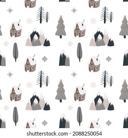 Seamless Scandinavian pattern with hand-drawn houses, mountains and trees. Vectral pattern for baby textiles, gift paper, baby room design.